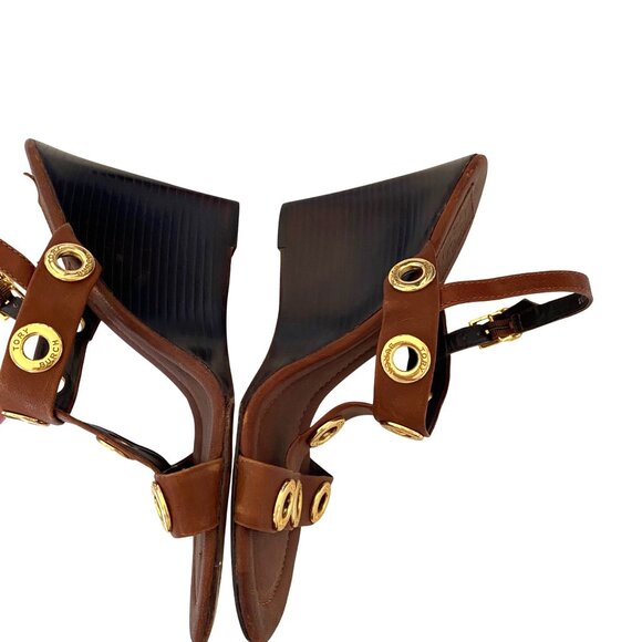Tory Burch Kathryn Brown Leather Gold Grommet Wedge Sandals Sz 8.5 Designer Luxu - Picture 6 of 15